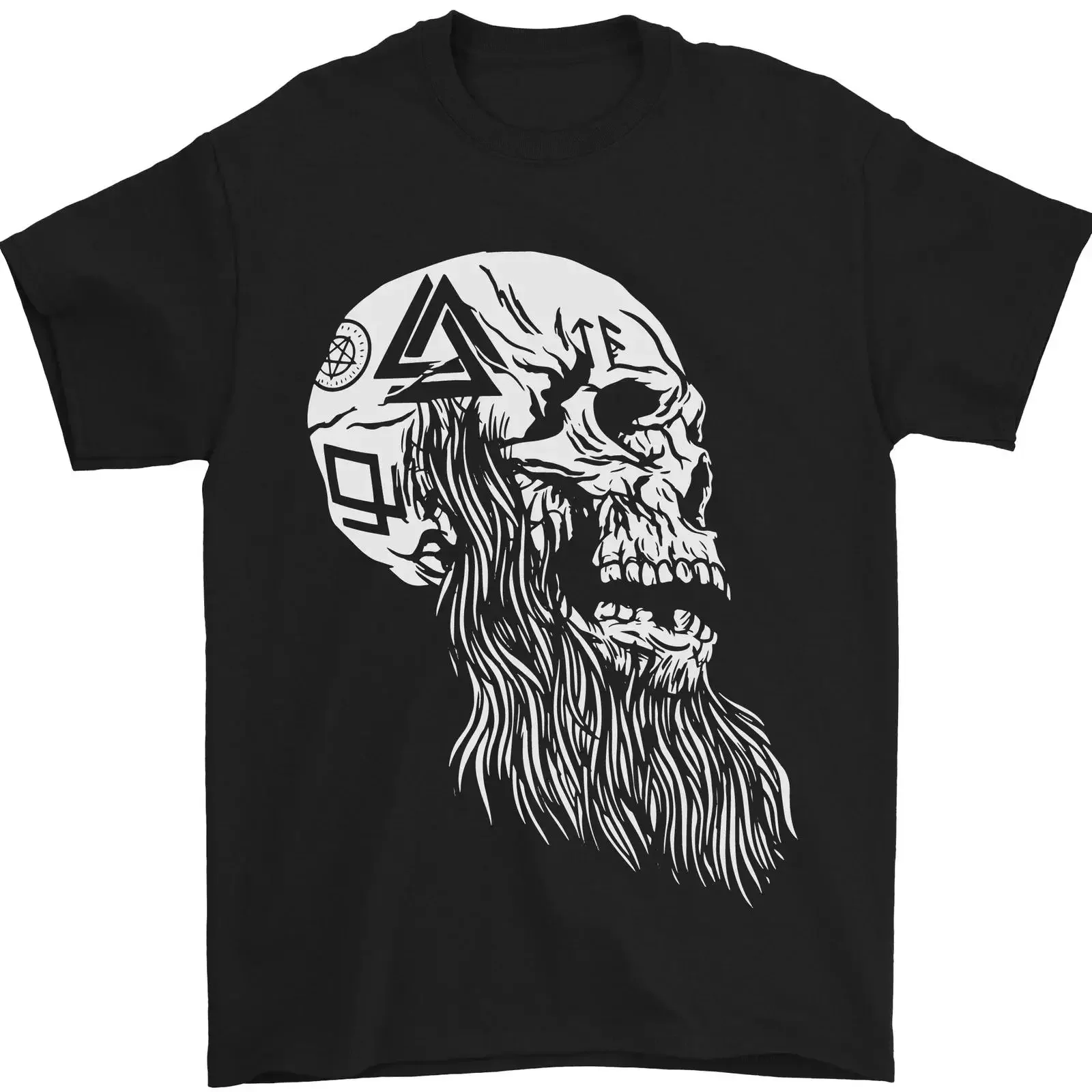 Viking Skull With Beard and Valknut Symbol Mens T Shirt 100 Cotton vintage Washed Top For Everyday Wear designer clothes