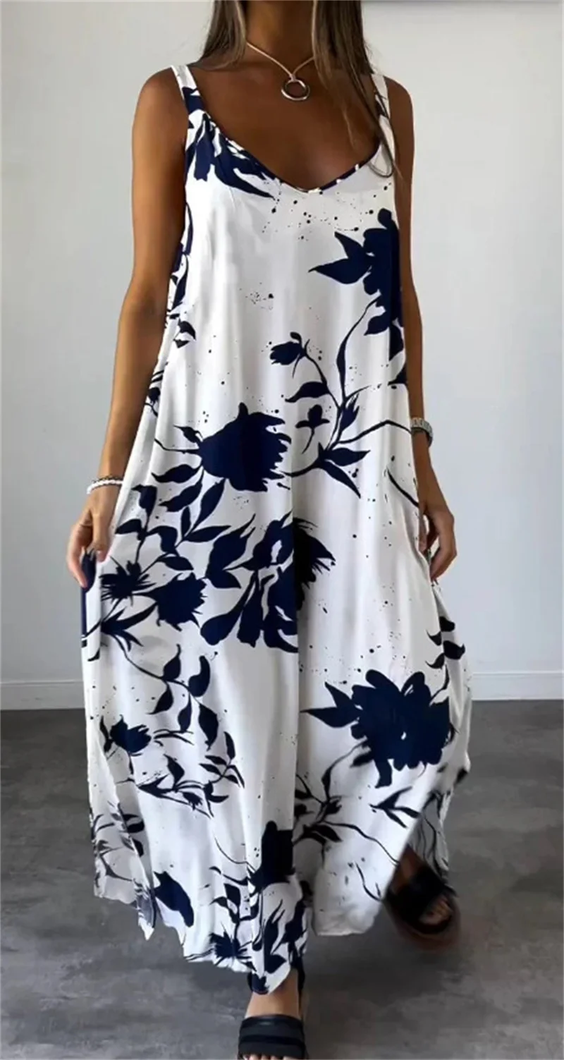 2024 Lente En Zomer Nieuwe Dames In Stijl Mode Slanke Vakantie Lange Jurk Bedrukt Halter Backless V-Hals Jurken Prom Dress