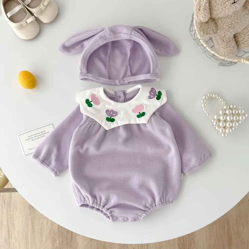 

Spring Autumn Baby Girl Cute Purple Romper - Cotton Flower Embroidered Doll Collar Long Sleeve Triangle Bodysuit with Free Hat