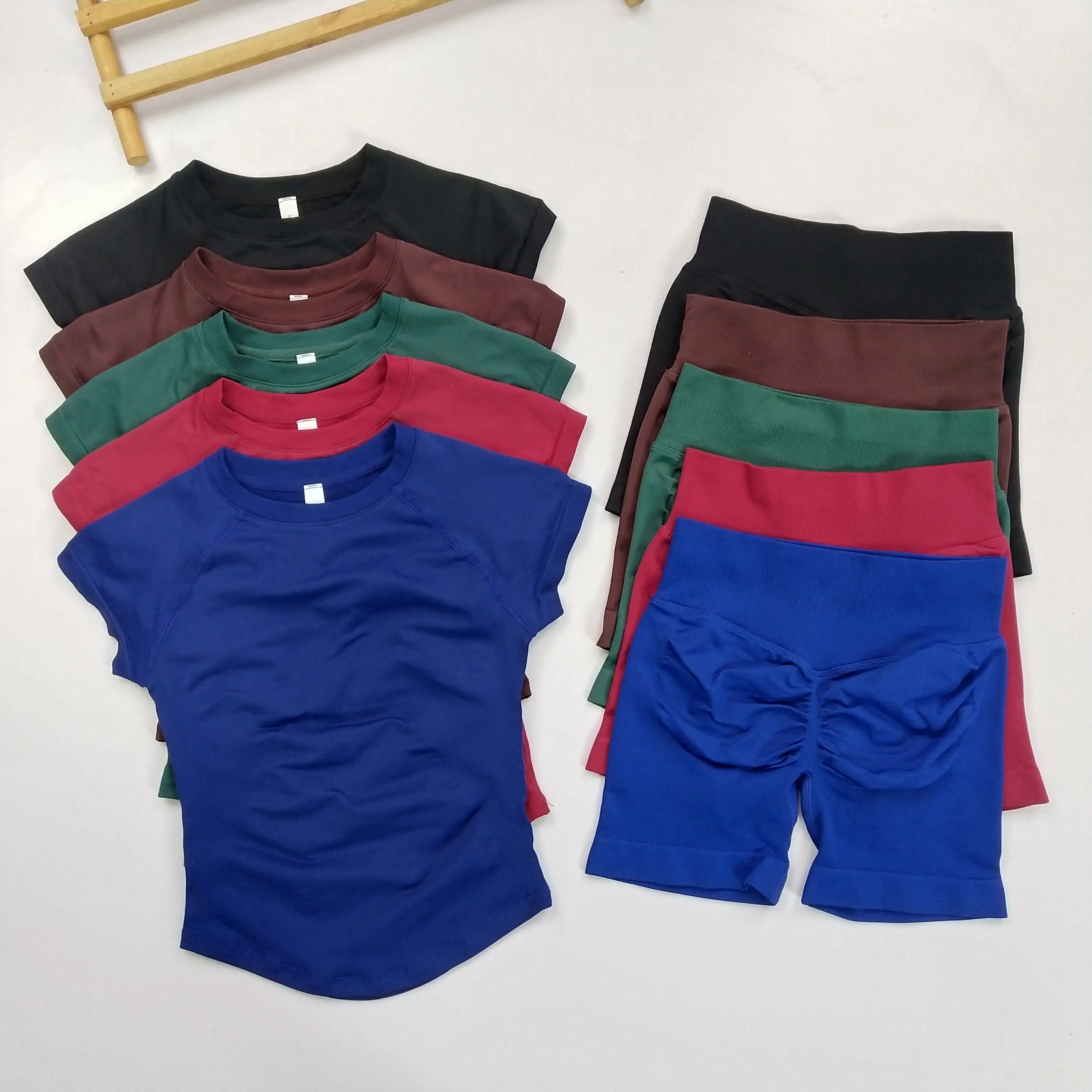 Seamless Fitness Suit Gym Yoga Sports Short-sleeved Shirts Fitness High Waisted Shorts Yoga Sets Yoga Tops Butt Lift Shorts 2pcs