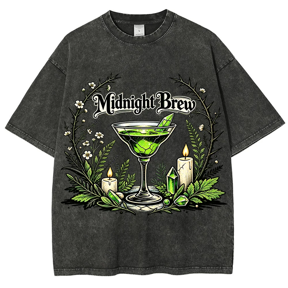 Womens Gothic Midnight Brew Graphic T Shirt Vintage Witchy Cocktail Print Casual Short Sleeve Tee Halloween Party Summer Top