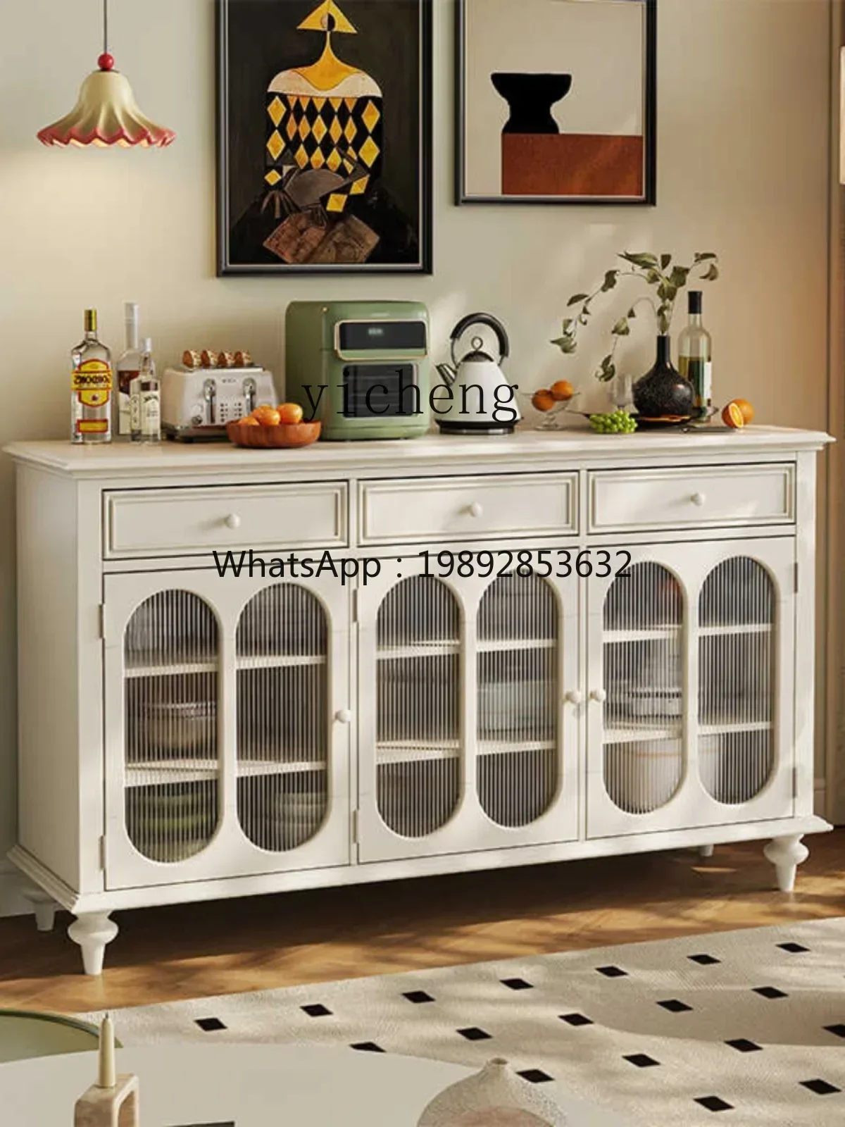 A1Sideboard Cabinet Solid Wood Tea Cabinet Cream Style Changhong Glass Living Room and Kitchen Storage Cupboard