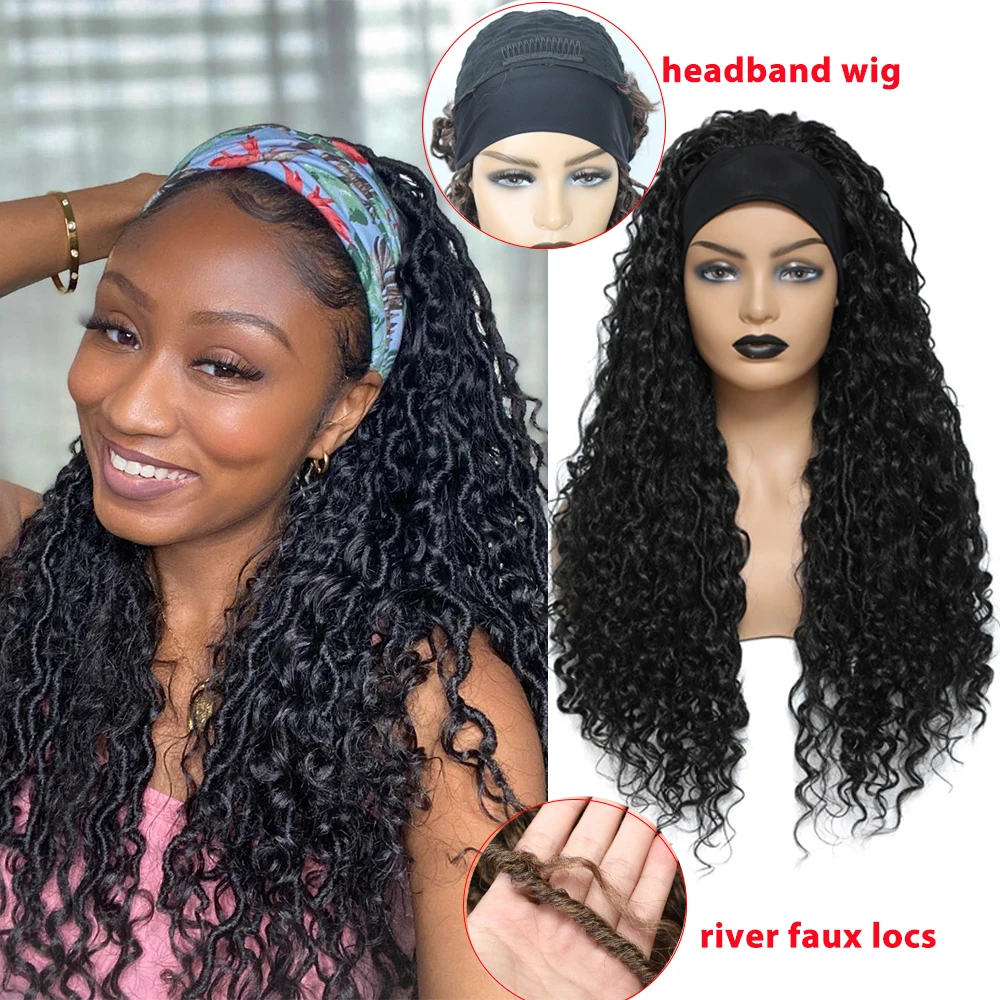 Curly Faux Locs Braid Wig with Headband 24 Inch Crochet Hair Dreadlocks Braided Wigs Soku Black Synthetic Headband Wig for Women image 3