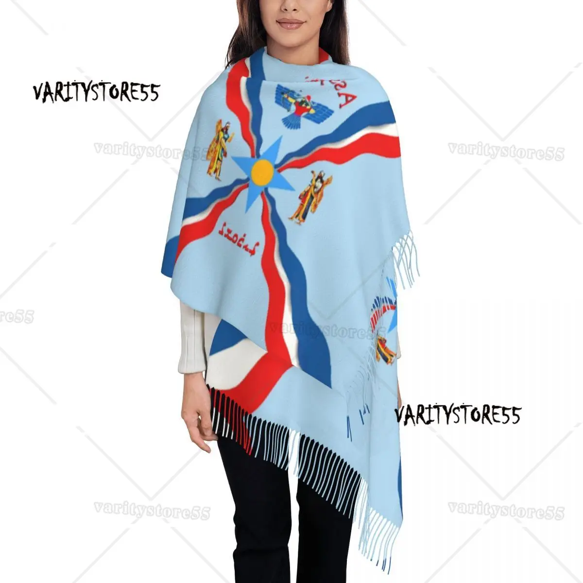 Luxury Assyrian Suryoyo Flag Tassel Scarf Women Winter Warm Shawls Wraps Ladies Aram Ancient Scarves