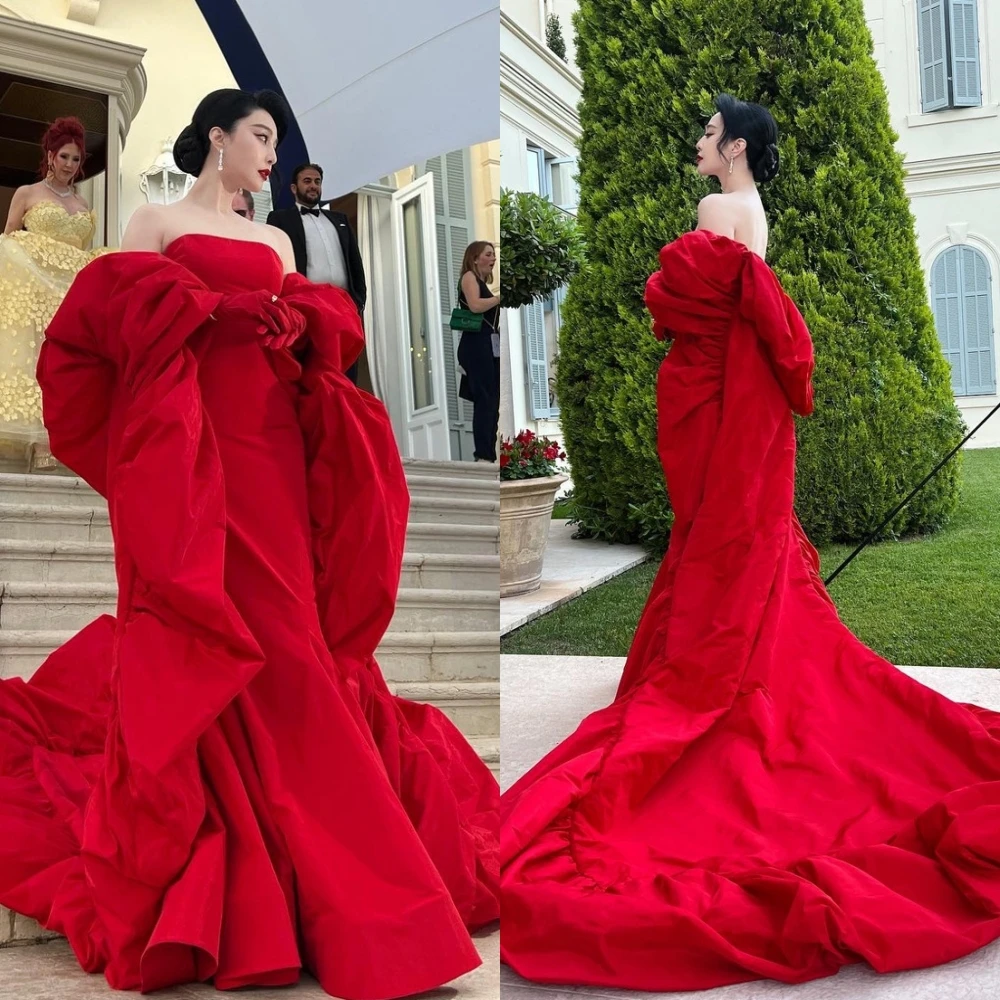 Customized Matching Exquisite Strapless Ball gown Celebrity Dresses Hugging Floor length Skirts Charmeuse Evening  فساتين سهره