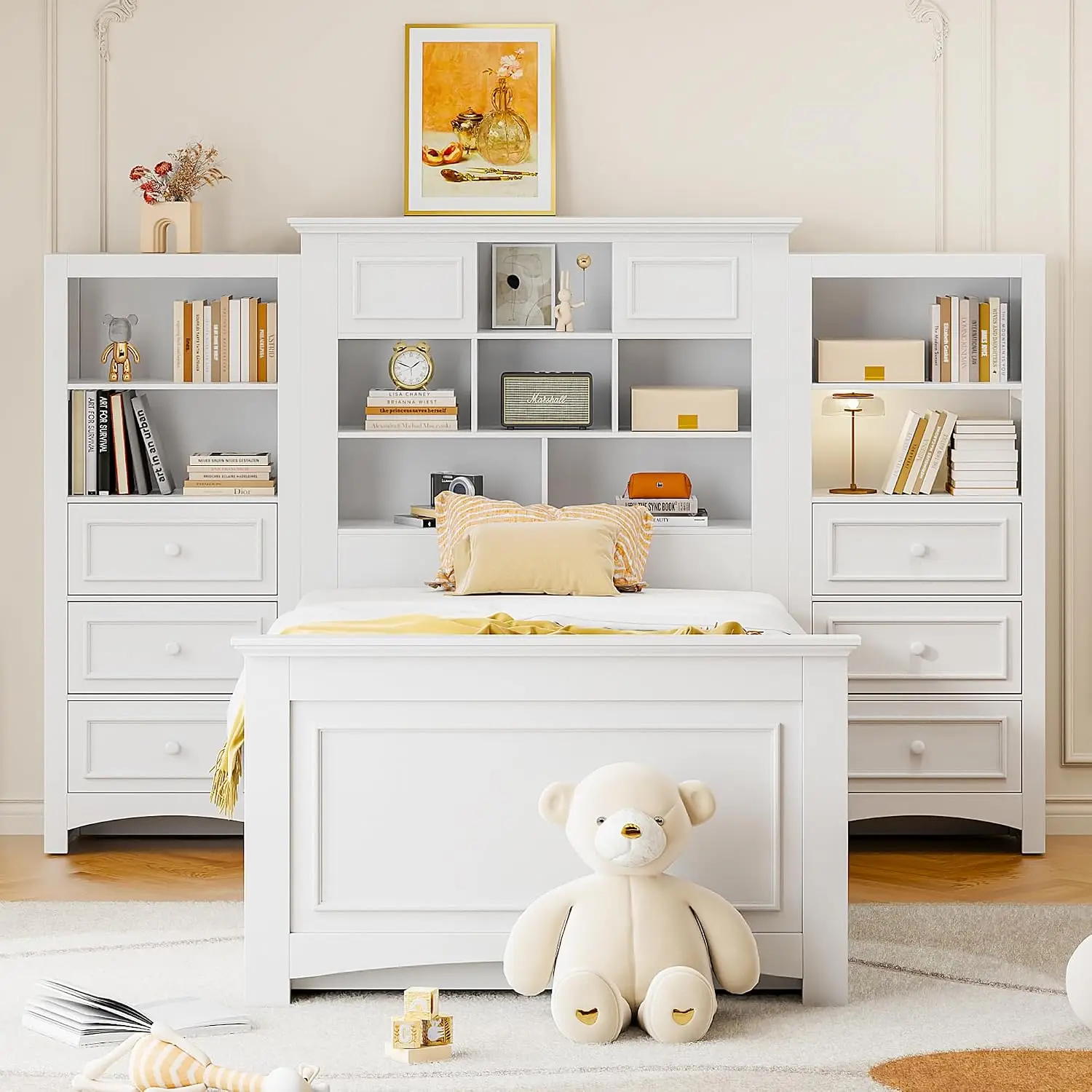 Twin Platform Bed with Vertical Bookcase Cabinet Solid Wood Captain Bed Frame 8 Drawers Storage Headboard, Customized