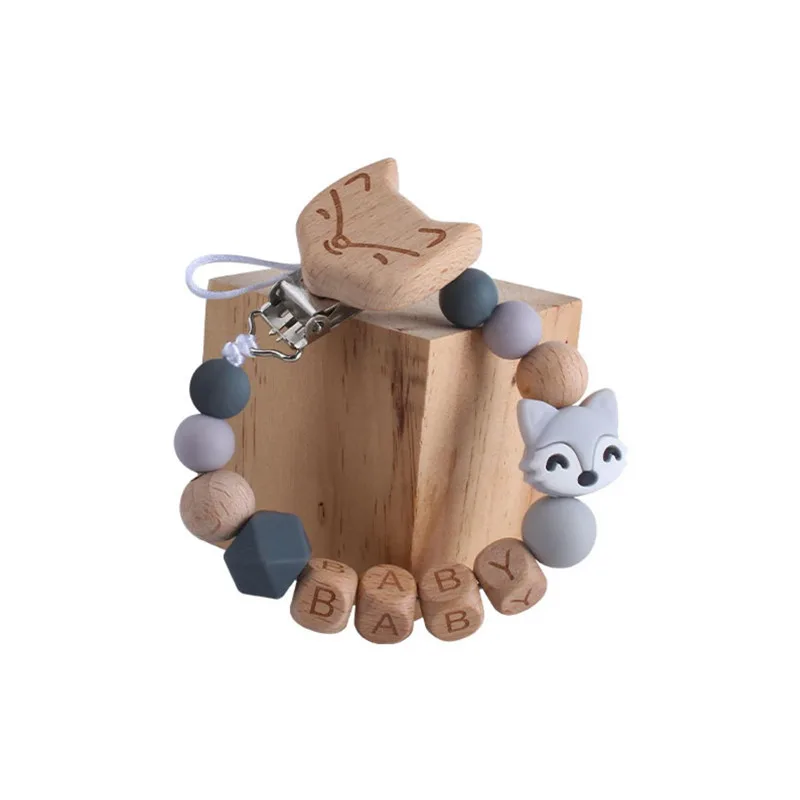 Animal Baby Anti-drop Chain Wood Pacifier Clips Fox Silicone Beads Infant Nipple Appease Soother Chain Dummy Holder