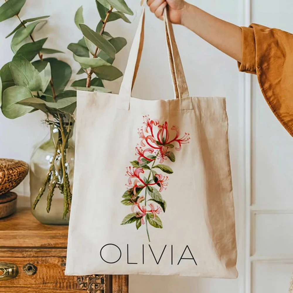 

Birth Flower Tote Bag for Woman Personalized Canvas Tote Bag for Her Bridesmaid Gifts Custom Birth Month Flower Gift for Her