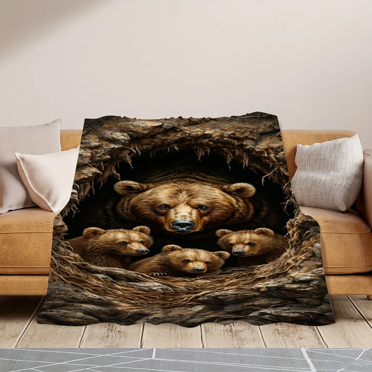 Realistic Bear Cub Nest Throw Blanket Plush Woodland Animal Print Cozy Home Decor Luxury Throw for Sofa Couch