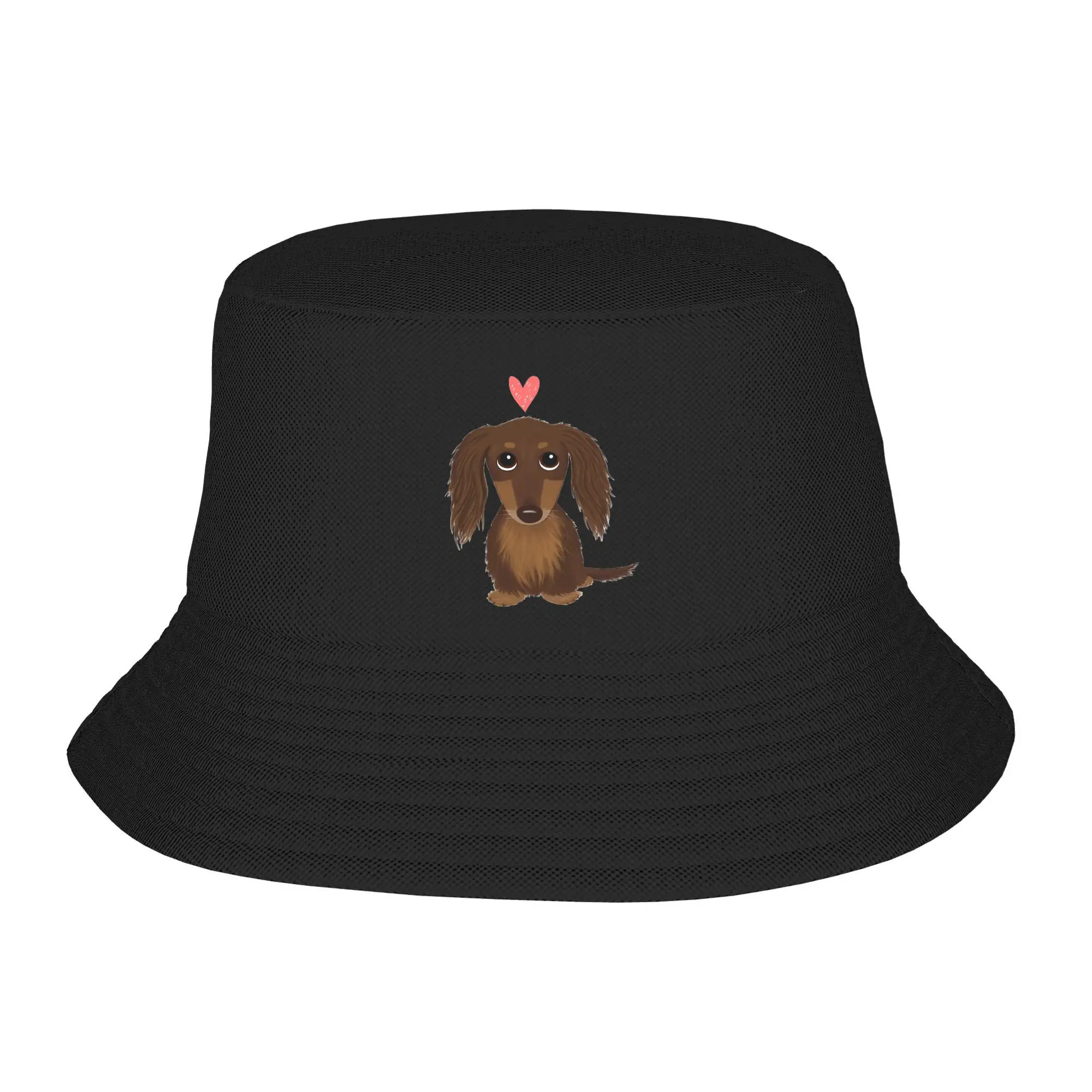 

Cute Dog Longhaired Chocolate Dachshund Wiener Dog with Heart Bucket Hat Panama Bob Hats For Summer Beach Fishing Fisherman Caps