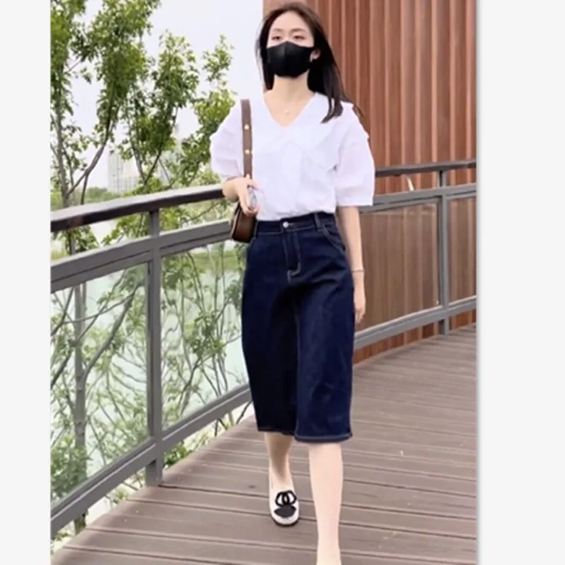 

Casual Short Sleeve Shirt And High Waist Denim Skirt Set Women's Fashion Slimming Two-Piece Suit for Summer 2024