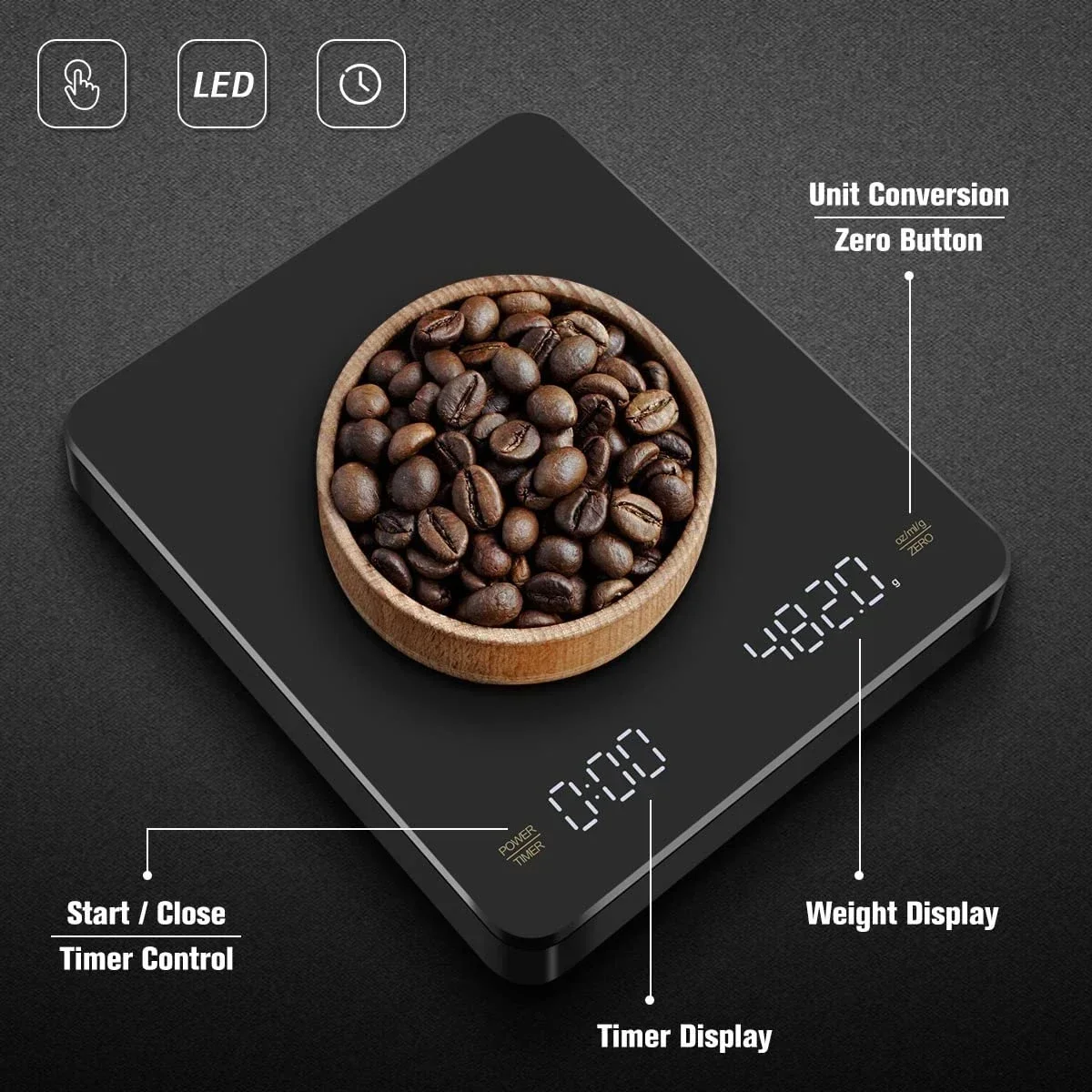 Digital Coffee Scale with Timer LED Screen Espresso USB 3kg Max.Weighing 0.1g High Precision Measures in Oz/ml/g Kitchen Scale