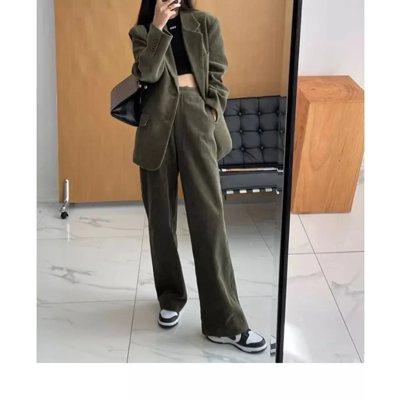 Insozkdg Spring Autumn British Style Corduroy Suit Jacket Wide-leg Pants Suit Vintage Casual Loose Blazer Pants Two-piece Sets