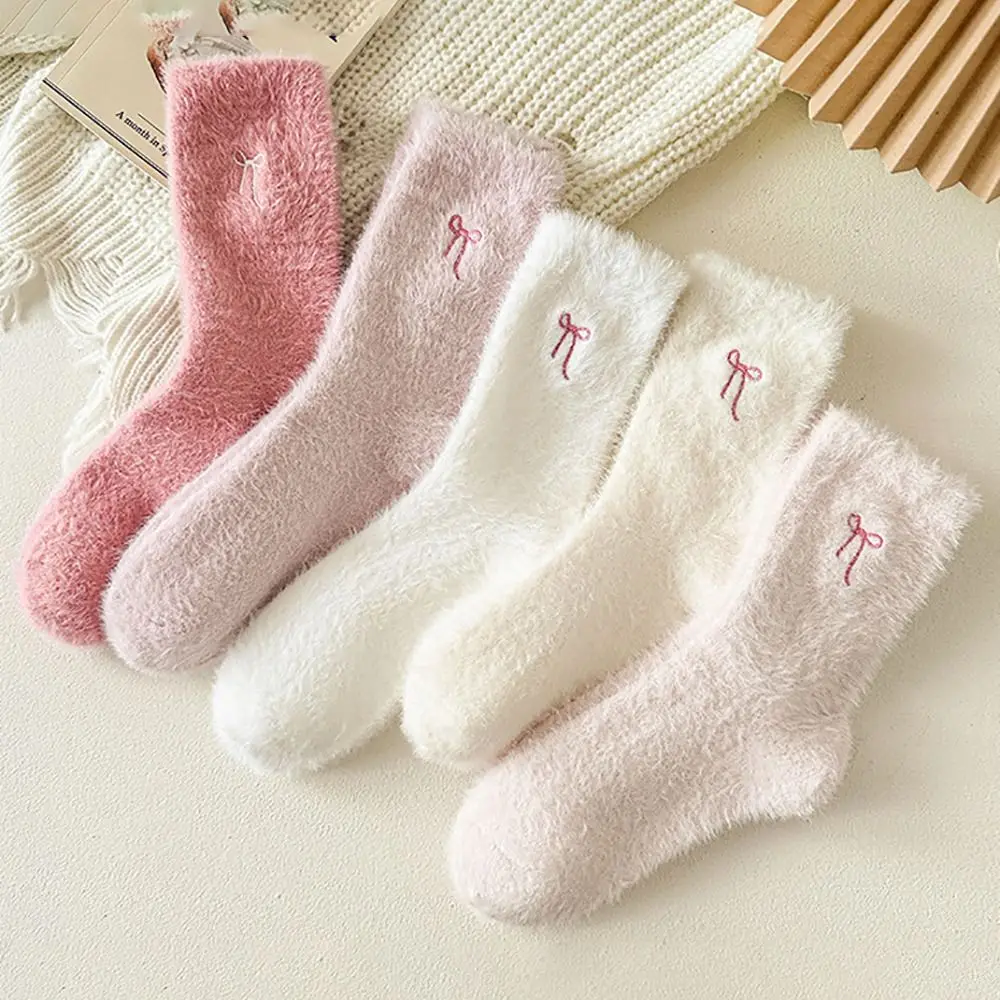 

Absorption Bow Velvet Socks Winter Warm Cozy Sleep Boot Socks Soft Mid-Calf Socks Sleep Use