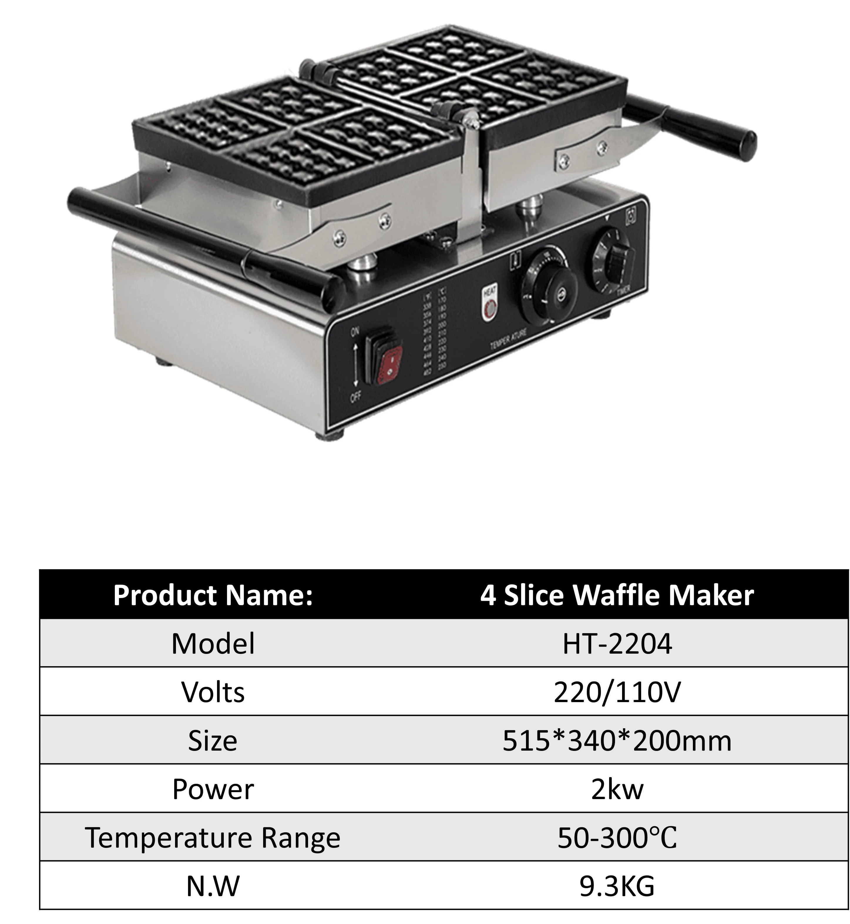4 Slice Waffle Maker Machine Commercial Bread Baker with Non-stick Plate Timer and Temperature Control