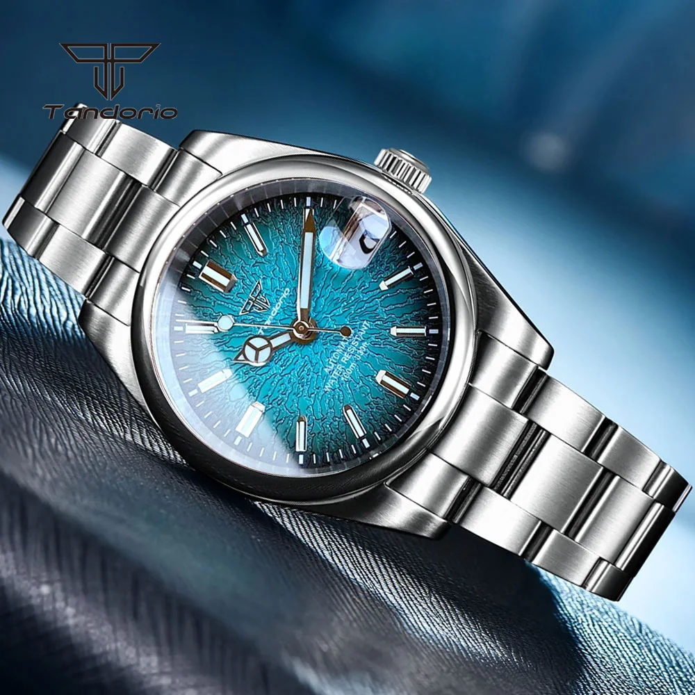 Tandorio 39mm/36mm Men's NH35 Watch Date Multicolor Texture Dial Explorer Style Steel Wristwatch Waterproof Glide Clasp Luminous