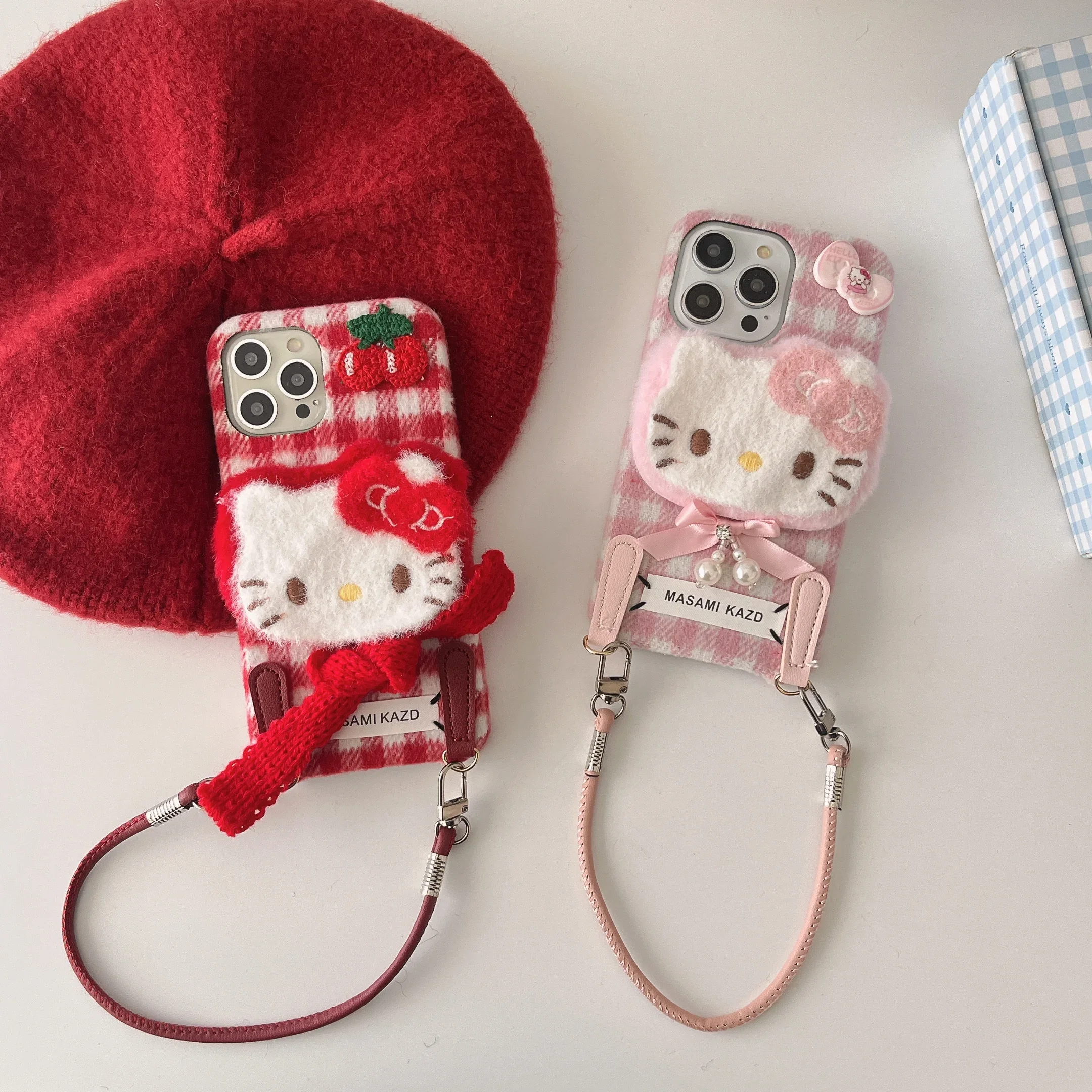 Cute Cartoon Sanrio Hello Kitty Grid Pattern Furry Plush Soft Phone Case For iPhone 16 15 14 13 12 11 Pro Max Winter Warm Cover image 2