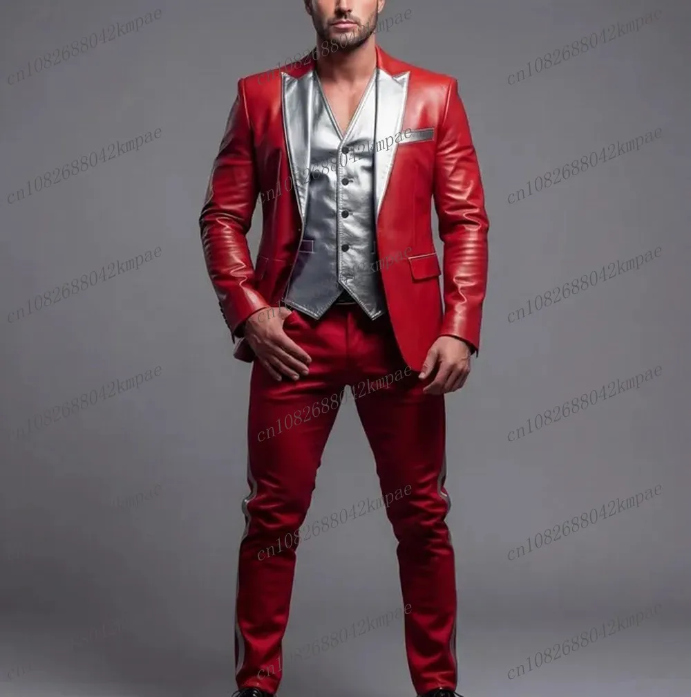 

Красный и серебристый кожаный мужской костюм для торжественных мероприятий, свадеб, выпускных, деловых встреч, смокинг из 3 предметов: пиджак, жилет, брюки 01