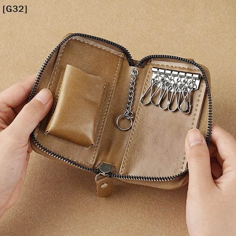 Retro-style  Leather Zipper Key Bag Available In 4 Colors Multi-functional Card Bag For Commuting And Portable Keys Storage【G32】