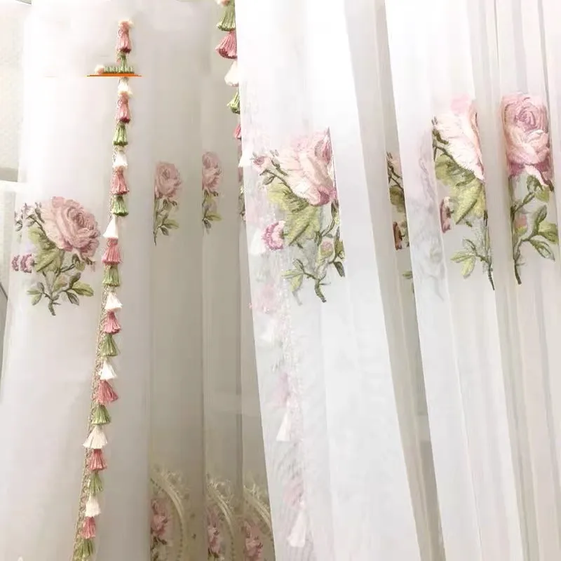 Luxury White European Embroidered  Sheer Curtains for Living Room Bedroom Floral Peony Tulle Window Drapes