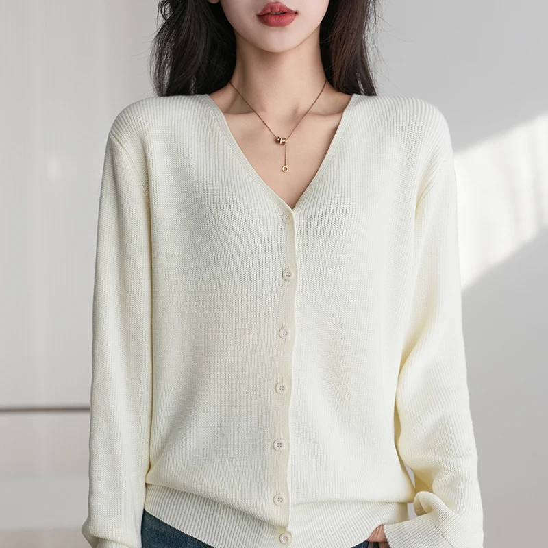 Damesbovenkleding Lente en herfst 100% puur katoen Gebreide trui V-hals Lange mouwen Losse tops Modieus Koreaans jasje