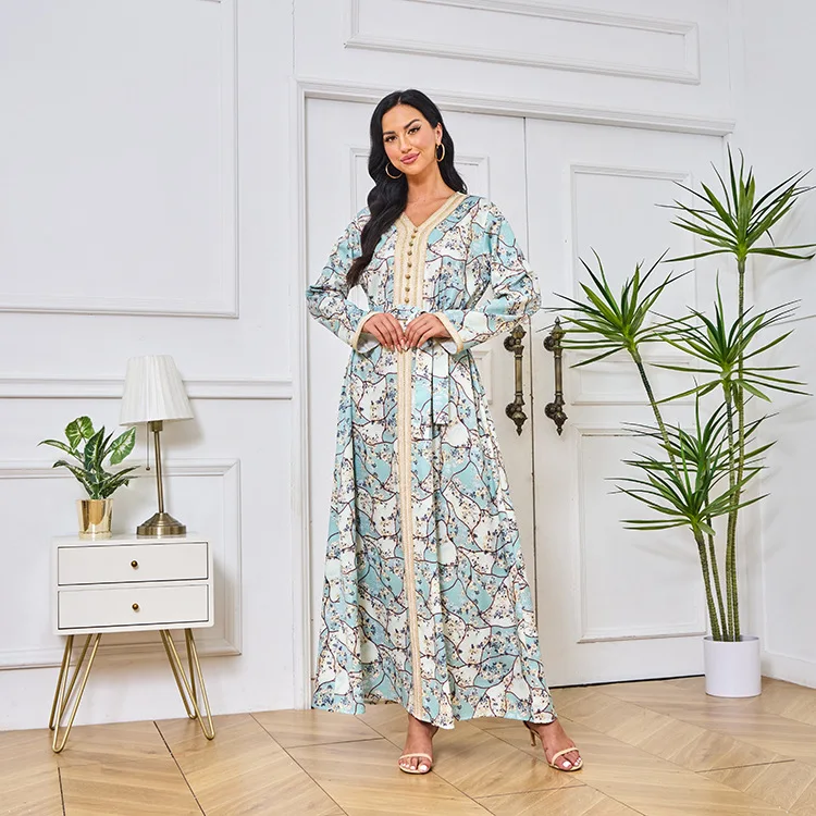 

Floral Print Dresses Muslim Women Long Sleeve Party Maxi Dress Belted Elegant Moroccan Kaftan Turkey Robe Abaya Eid Jalabiya