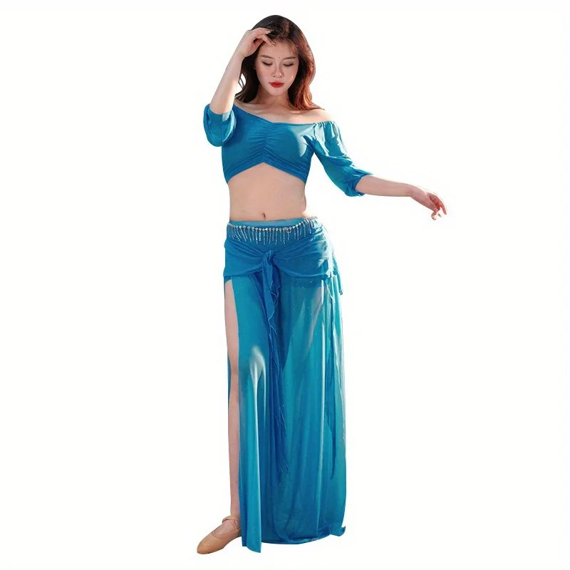 2025 Nuevo conjunto de traje de práctica de danza del vientre para mujer - Traje de actuación de danza oriental de malla