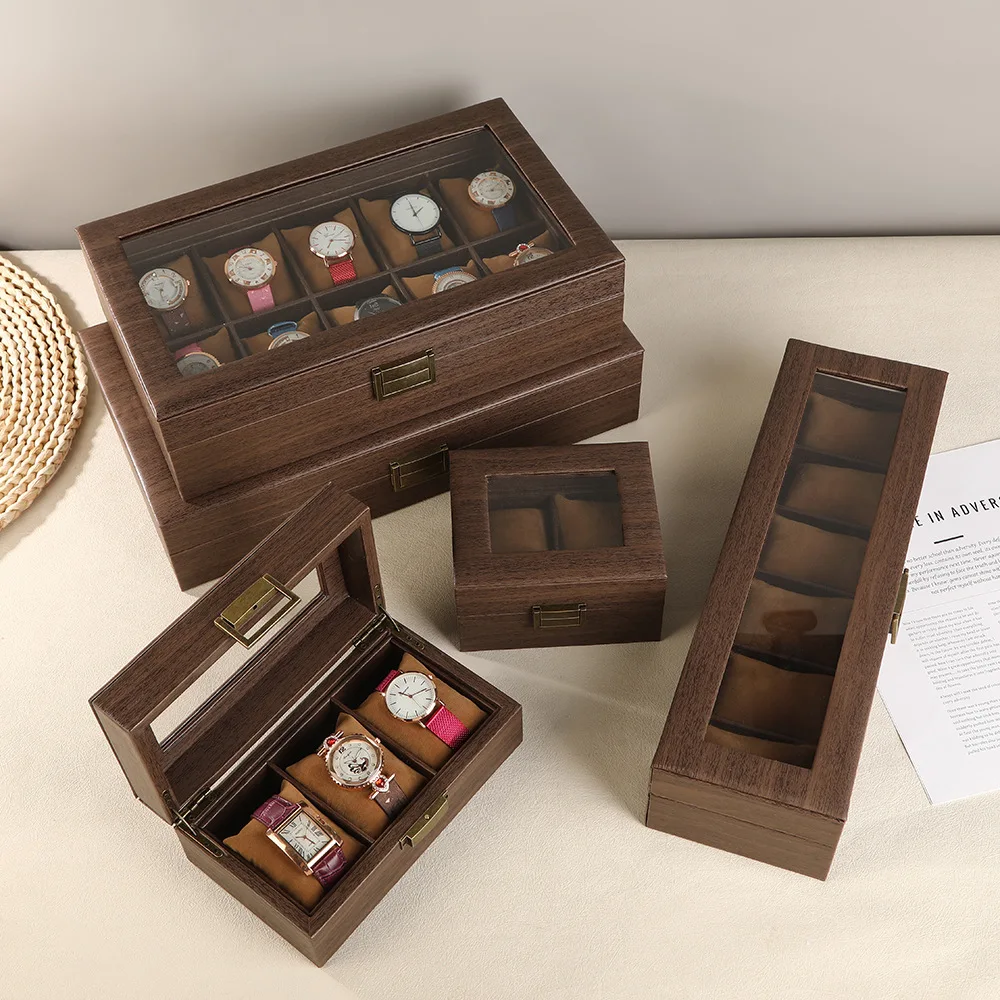 

Retro new brown wood grain leather watch display box dirt-resistant moisture-proof environmentally friendly pu leather box