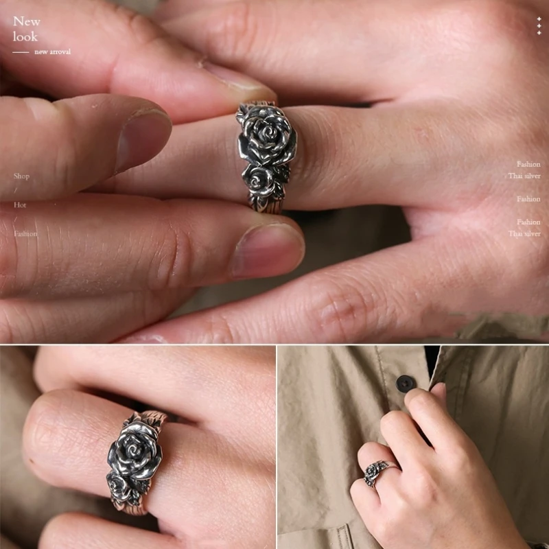 Buyee 925 Sterling Silver Flower Ring Finger Cute Rose Lover Couples Ring for Girl Woman Man Gray Ethnic Fine Jewelry Circle