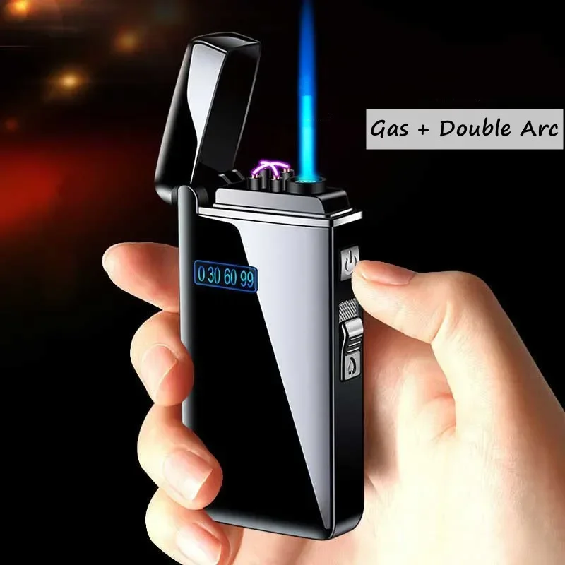 Metal Outdoor Windproof Dual Arc Plasma USB Lighter Blue Flame Turbo Torch Butane Gas Cigar Lighter Battery Display Men\'s Gadget