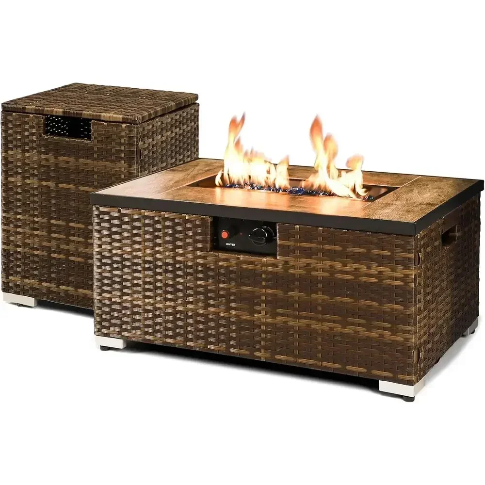 32-inch Handcrafted Rattan Propane Fire Pit Table with Tank Holder and Steel Lid