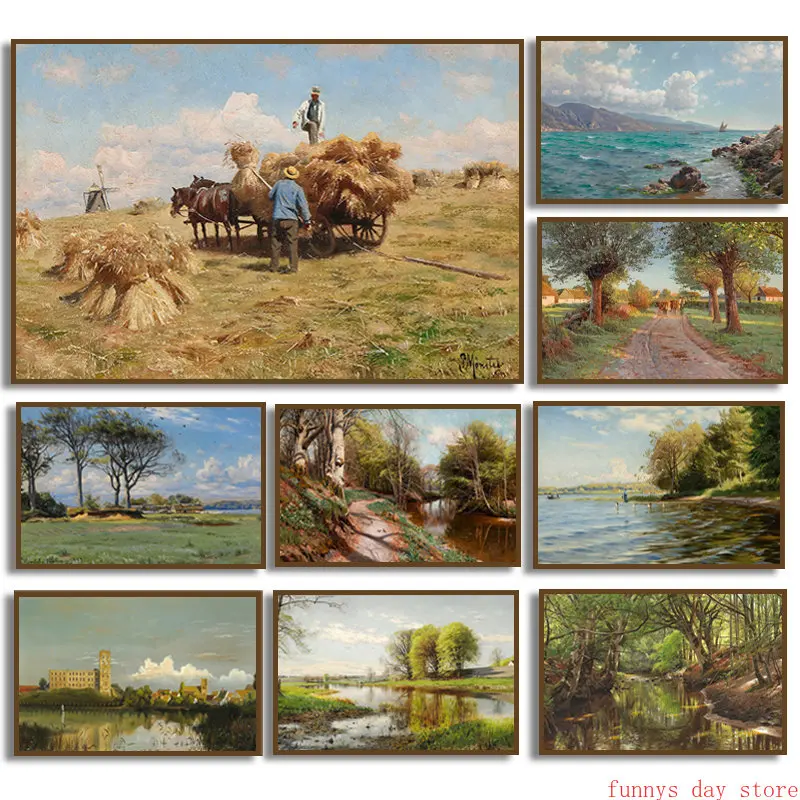 Natural Scenery Oil Painting on Canvas Rural Sunset Sea Landscape Posters Prints Wheat Field Wall Art Picture Room Home Decor