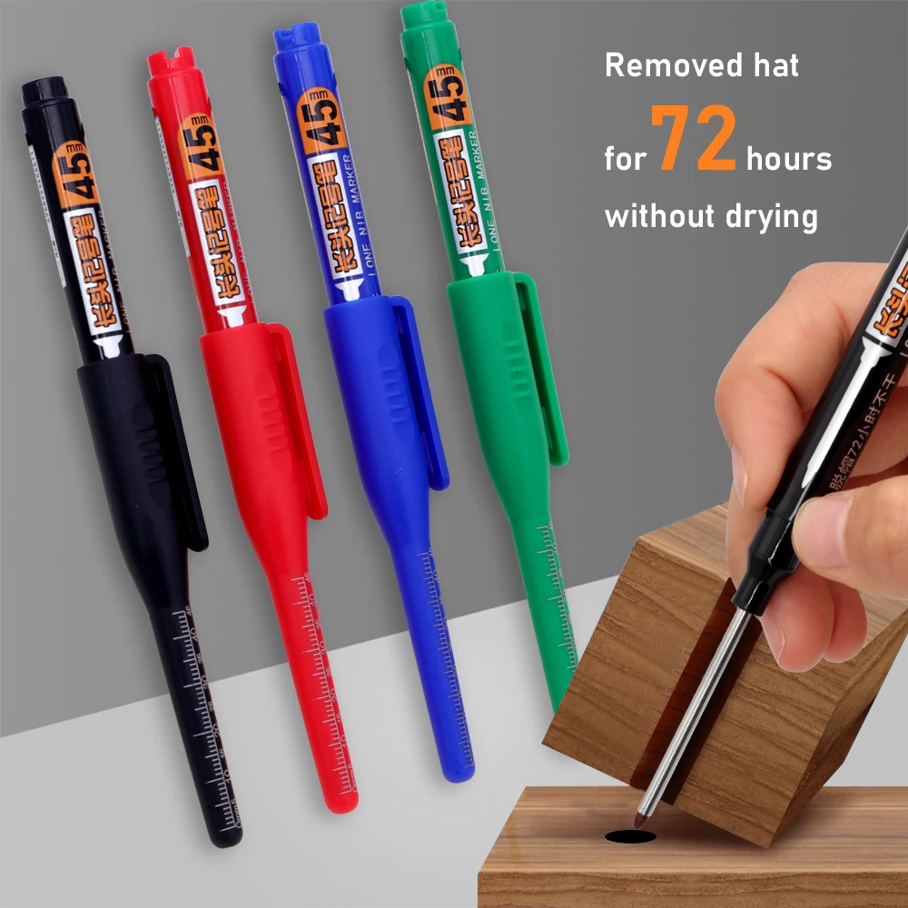 4Pcs/Set 45mm Deep Hole Marker Pens Long Head Carpenter Marking Pen Black/Blue/Red/Green For Multi-Purpose Woodworking Tools