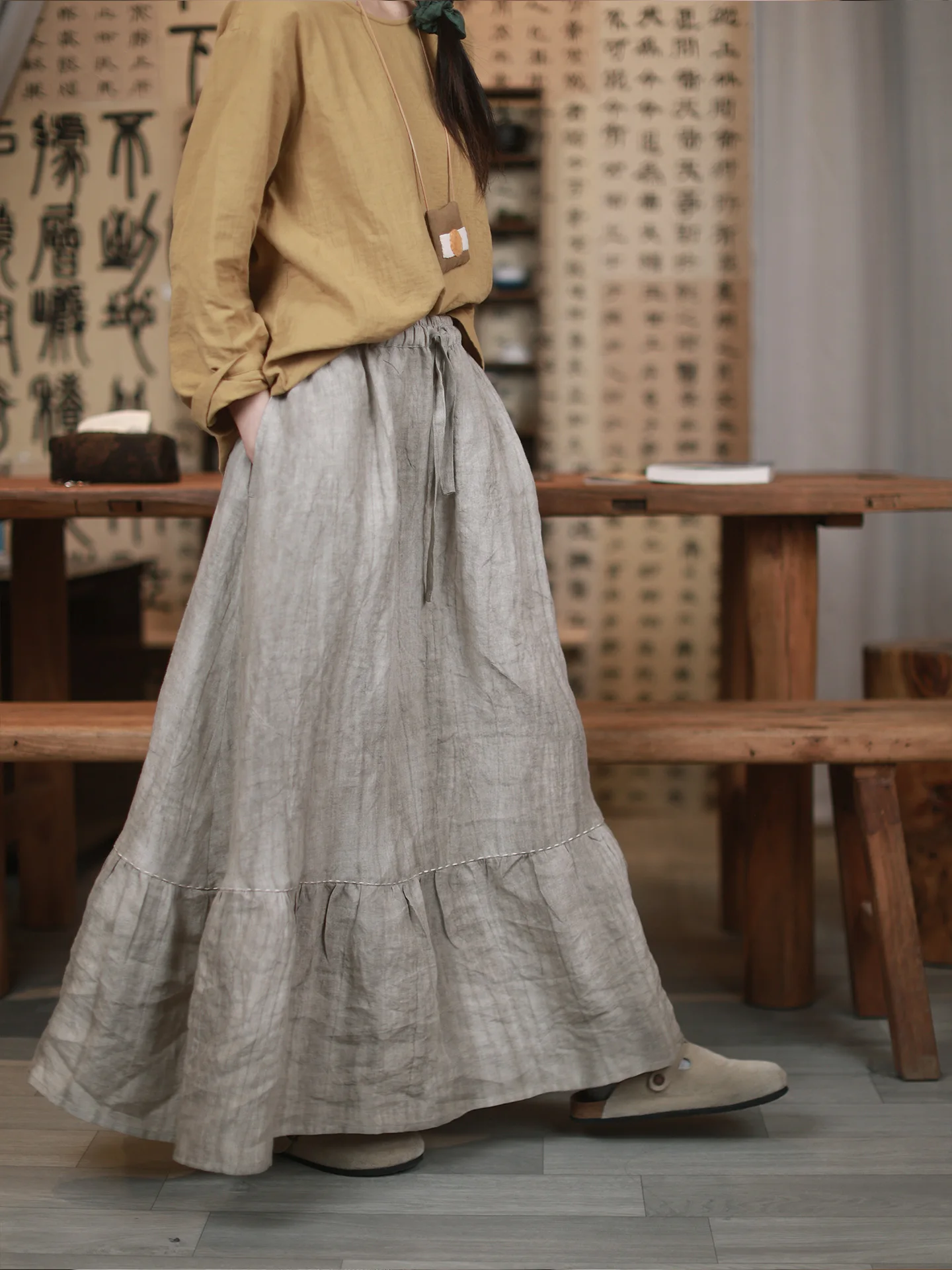 

Юбка-трапеция из натурального льна Spring Dawn с кружевной отделкой, универсальная свободная длинная юбка для женщин, дизайн со средней талией