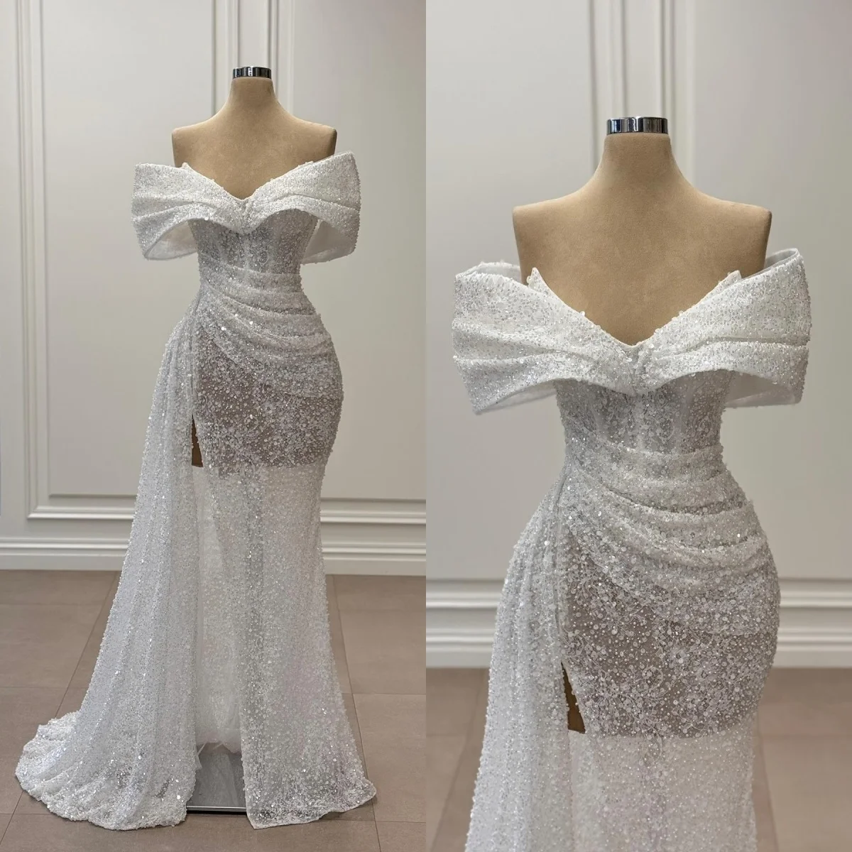 

Custom Woman Luxury Off Shoulder Mermaid Wedding Dress 2026 Elegant Beaded Sheer Bridal Gown Plus Size Vestido De Novia