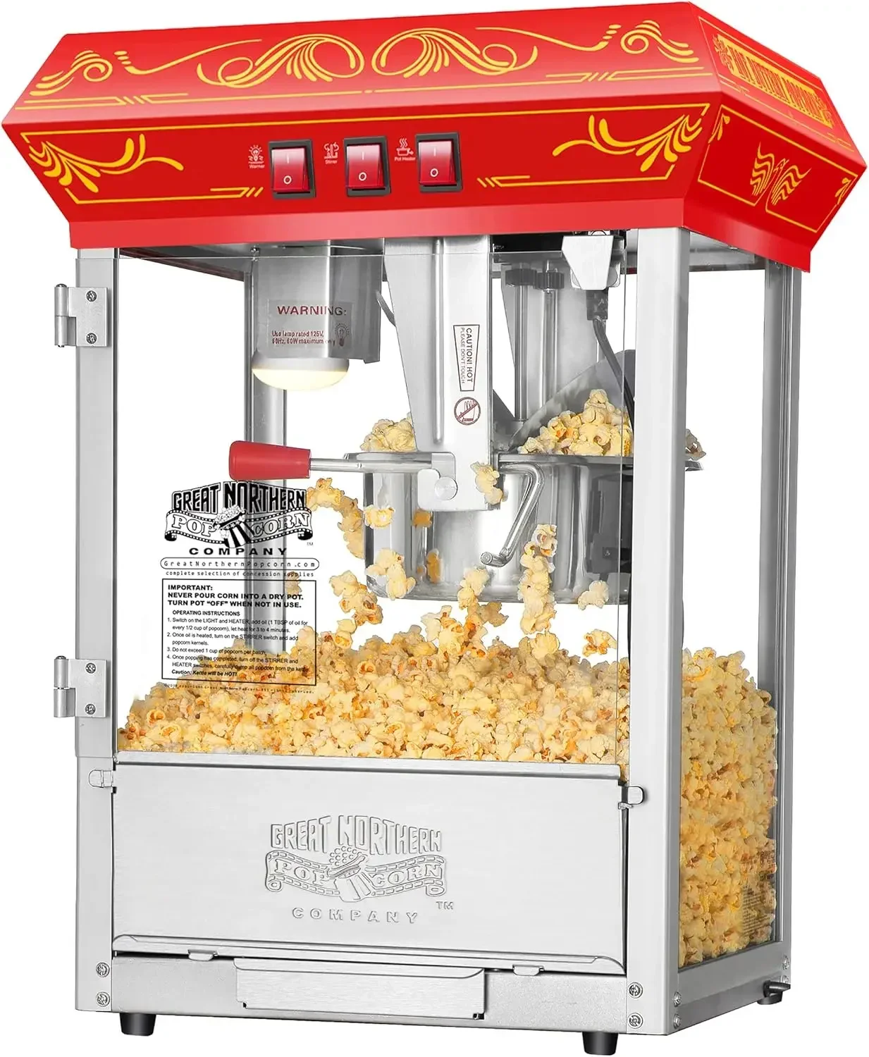 

Good Time Popcorn Machine - 3-Gallon Popper with Steel Kettle, Old Maids Drawer, Warming Tray, & Scoop for Home by Popcorn (Red)