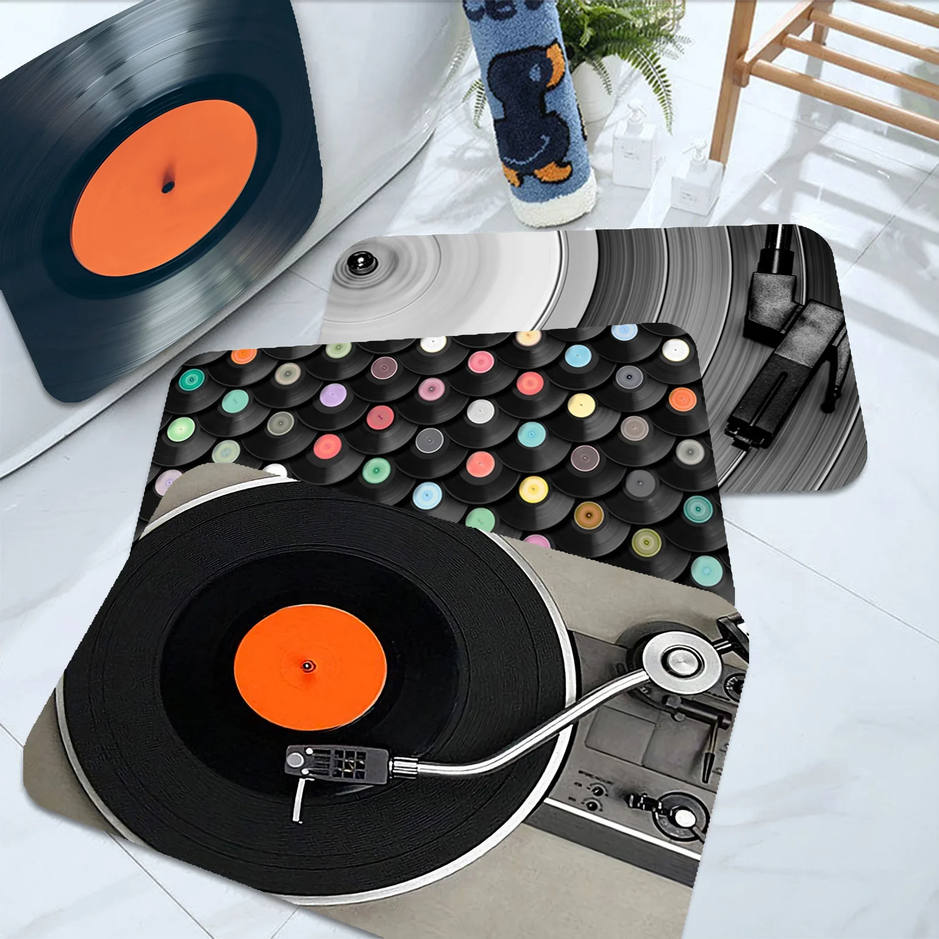 

Novelty Vinyl Record Player Door Mat INS Style Soft Bedroom Floor House Laundry Room Mat Anti-skid Toilet Rug