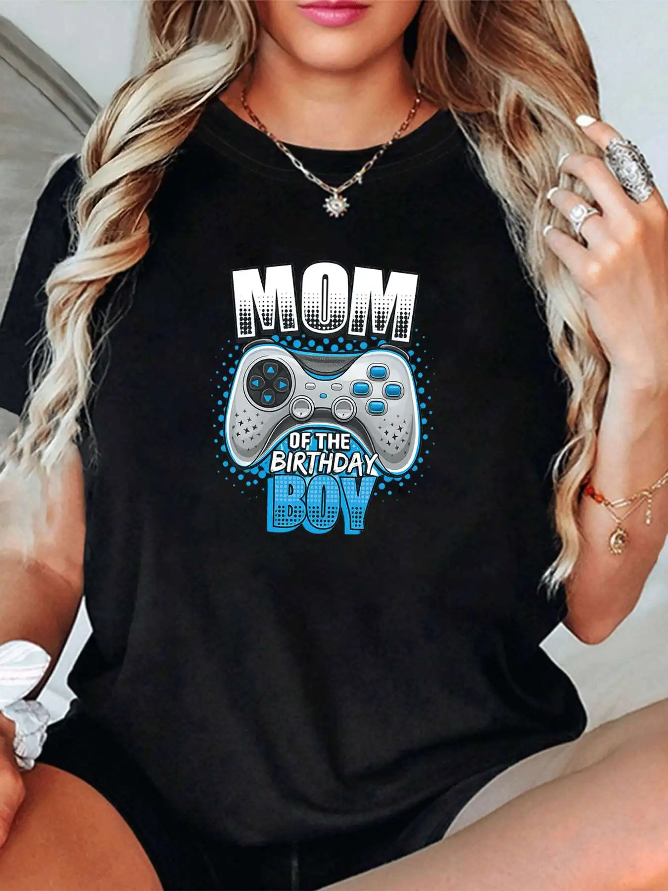 

【1145683】Plus size women's round neck short sleeve T-shirt with elastic half sleeves and trendy prints