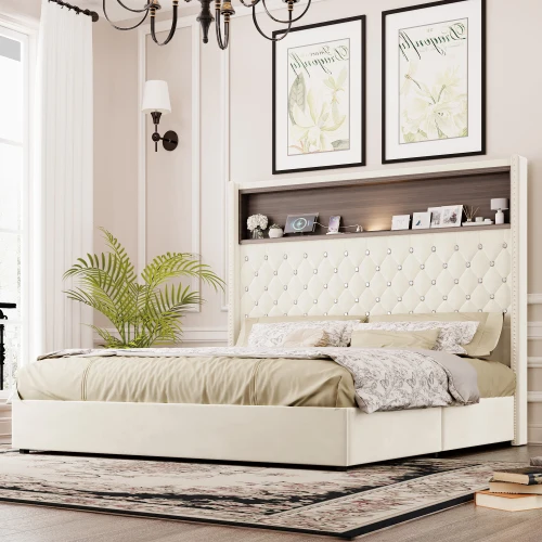 # Modern Convertible Velvet Tufted Soft Bed Frame With USB Port Night Light 52
