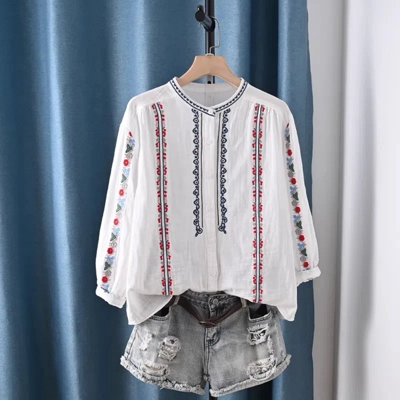 Ethnische Hemden für Damen im Sommer, Stickerei-Hemden im mexikanischen Stil, Blusen mit neun Punkten, Sommer-Oberteile aus Baumwolle für den Urlaub