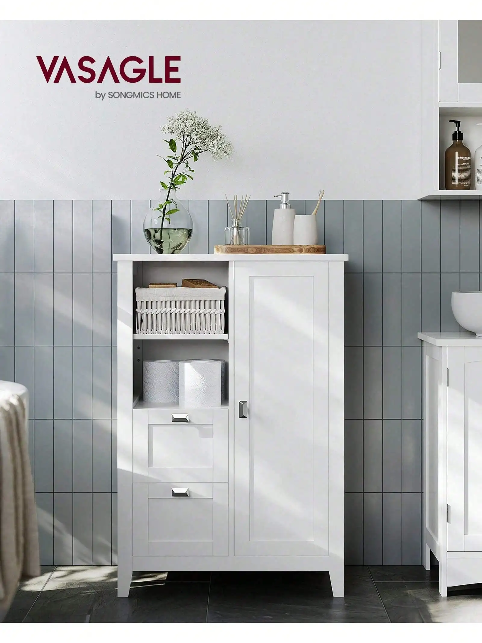 VASAGLE Bathroom Floor Storage Cabinet, Bathroom Cabinet Freestanding, Kitchen Cabinet, With Open Compartment, 2 Drawers, Adj