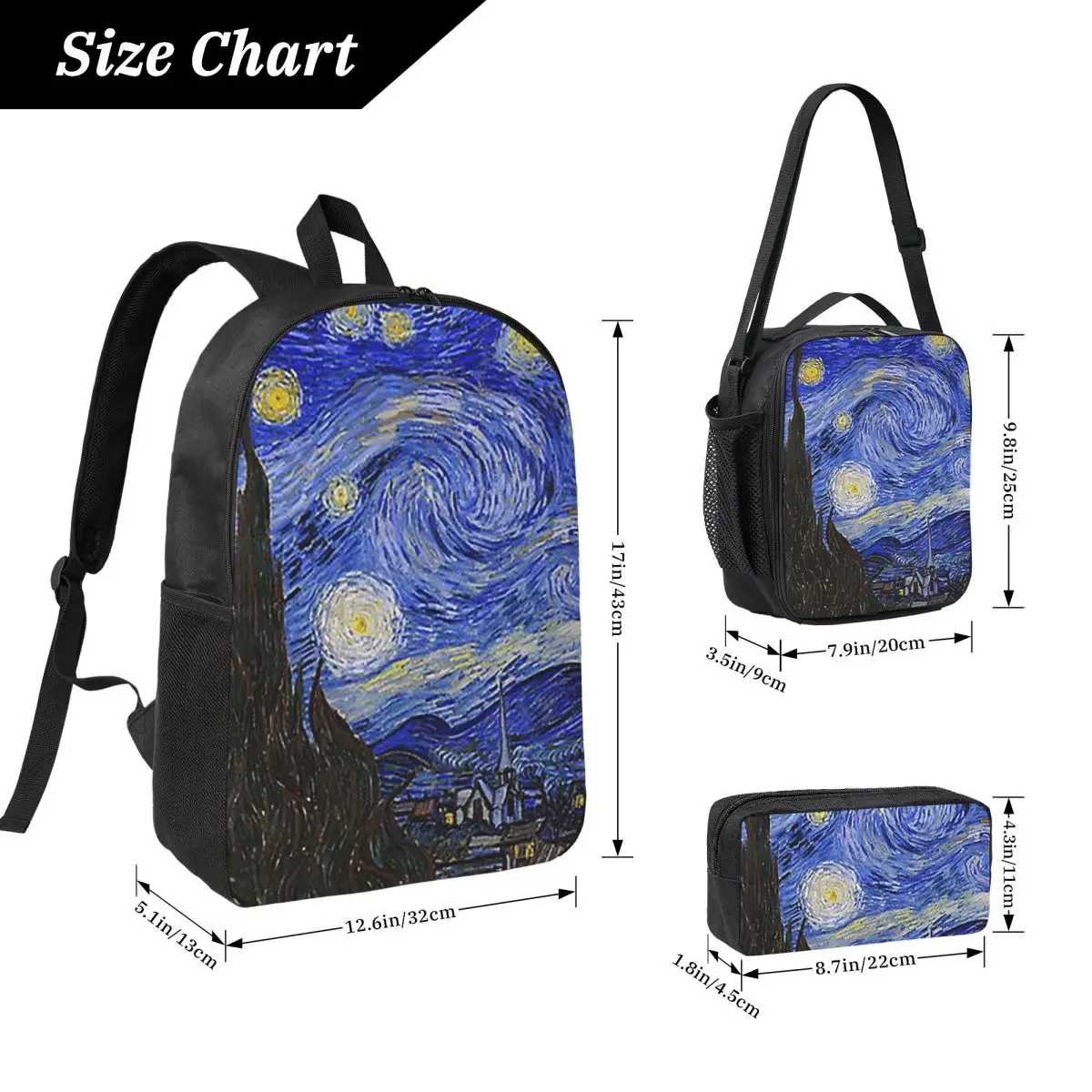 The Starry Night By Vincent Van Gogh Backpack BookBag School Bag Laptop Shoulder Bags 3ps Insulated Lunch Bag Pencil Case