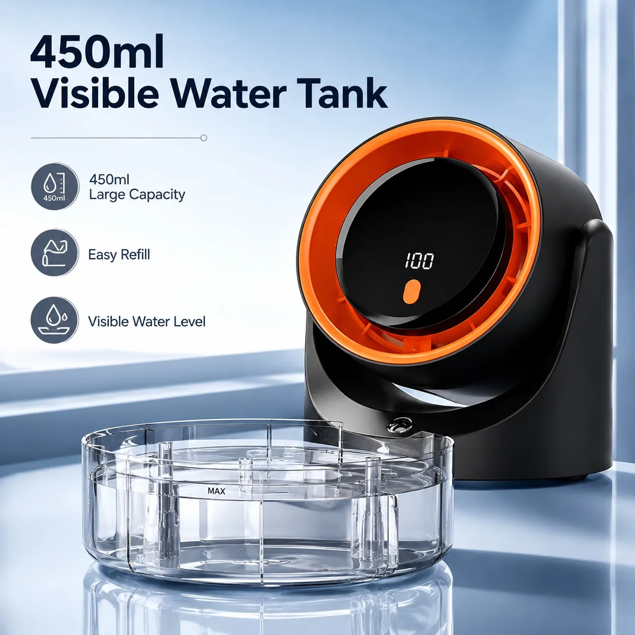 Portable Cooling Mist Fan, 450ml Water Tank, USB Powered, 100 Speed Levels, 90 Degree Adjustable for Home Camping