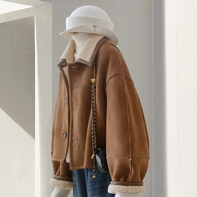 2025 New Korean-style Fashion Retro Warm Thickened Hooded Overcoat Women's Winter Zippered Jacket Lambswool Jacket