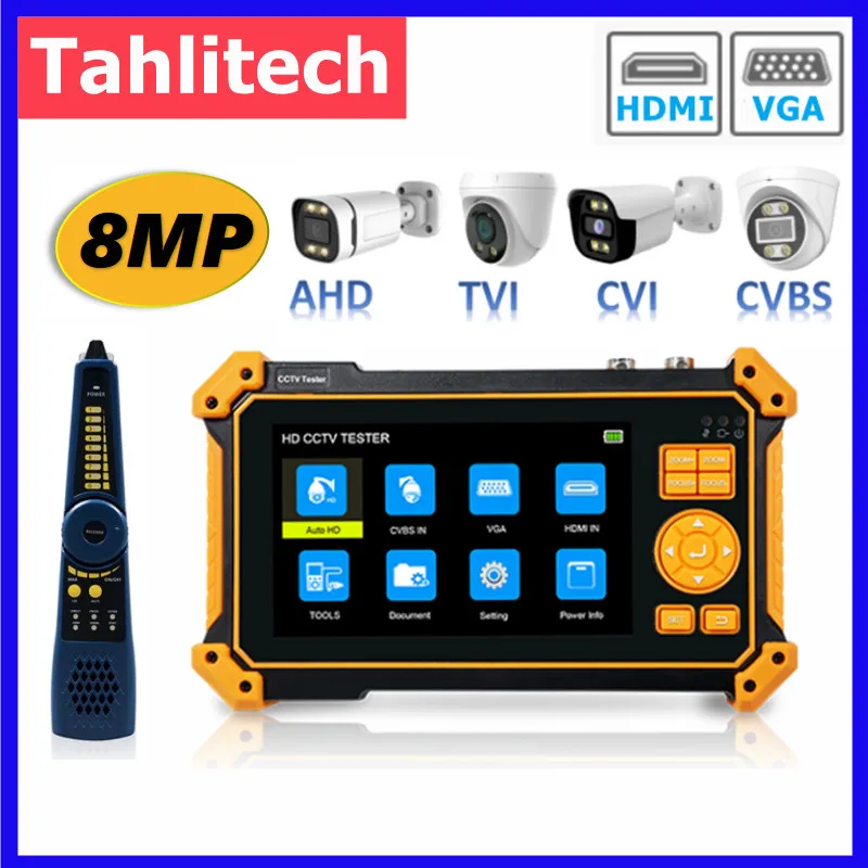 CCTV Camera Tester with Cable Tester, HD Coaxial Camera, 4K, 8MP, ADH, TVI, CVI, CVBS, 5 