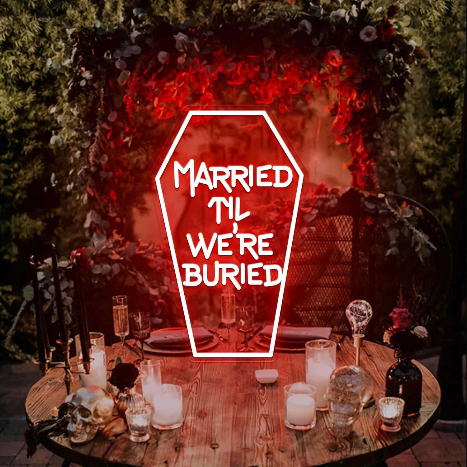 Married Til We're Buried Neon Sign, lámpara gótica Ryder, decoración de pared, decoración de fiesta de boda, regalo de Halloween, alimentado por Usbu