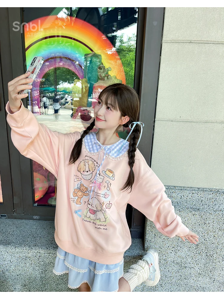 2025 Spring and Autumn New Women's Sweet Cute Cartoon Print Pink Round Neck Pullover Loose Long Sleeve Casual Hoodie