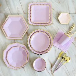 Purple Gold Party Paper Cup Plate Straw For Birthday Carnival Kids Favors Wedding Decor Disposable Tableware Party Supplies