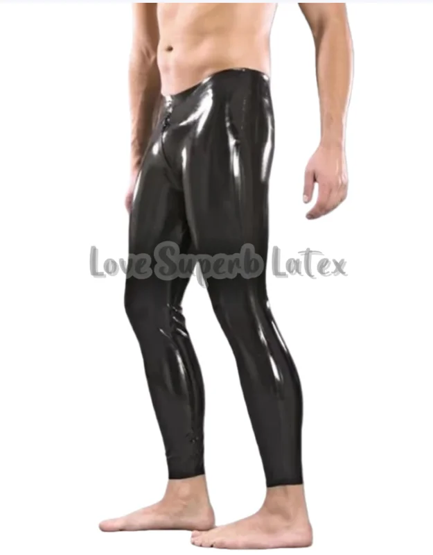 

Handmade Solid Black Mans Latex Gummi Pants Rubber Leggings with Crotch Zip Halloween