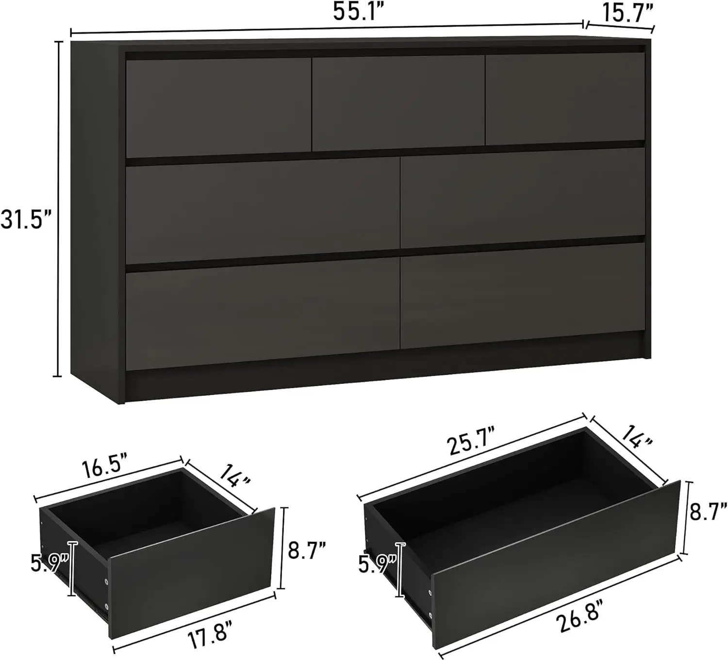 Black Malm Dresser for Bedroom, 55 Inch Long Dresser High Gloss Dresser with 7 Drawers, Modern Large Wood Chest of Drawer Handle